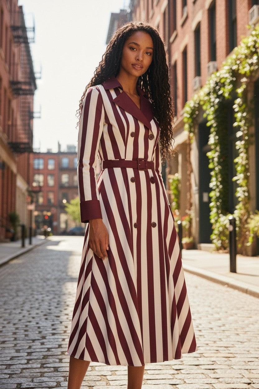 Robe Chemisier Longue Rayée Bordeaux