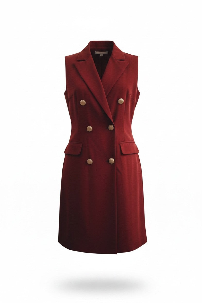 Robe blazer sans manches bordeaux Anthiope à double boutonnage portée par une femme dans un intérieur lumineux