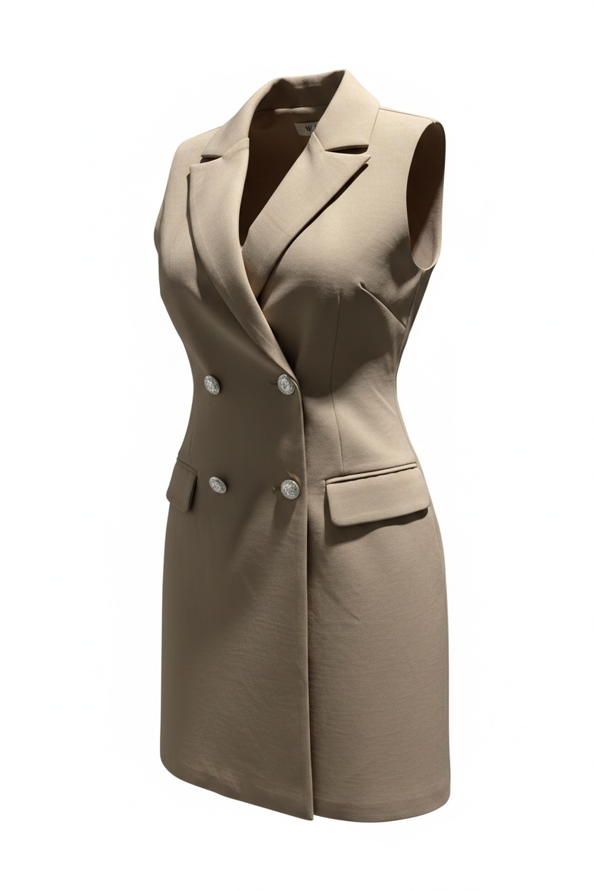 Robe blazer sans manche Beige camel – Élégance Moderne