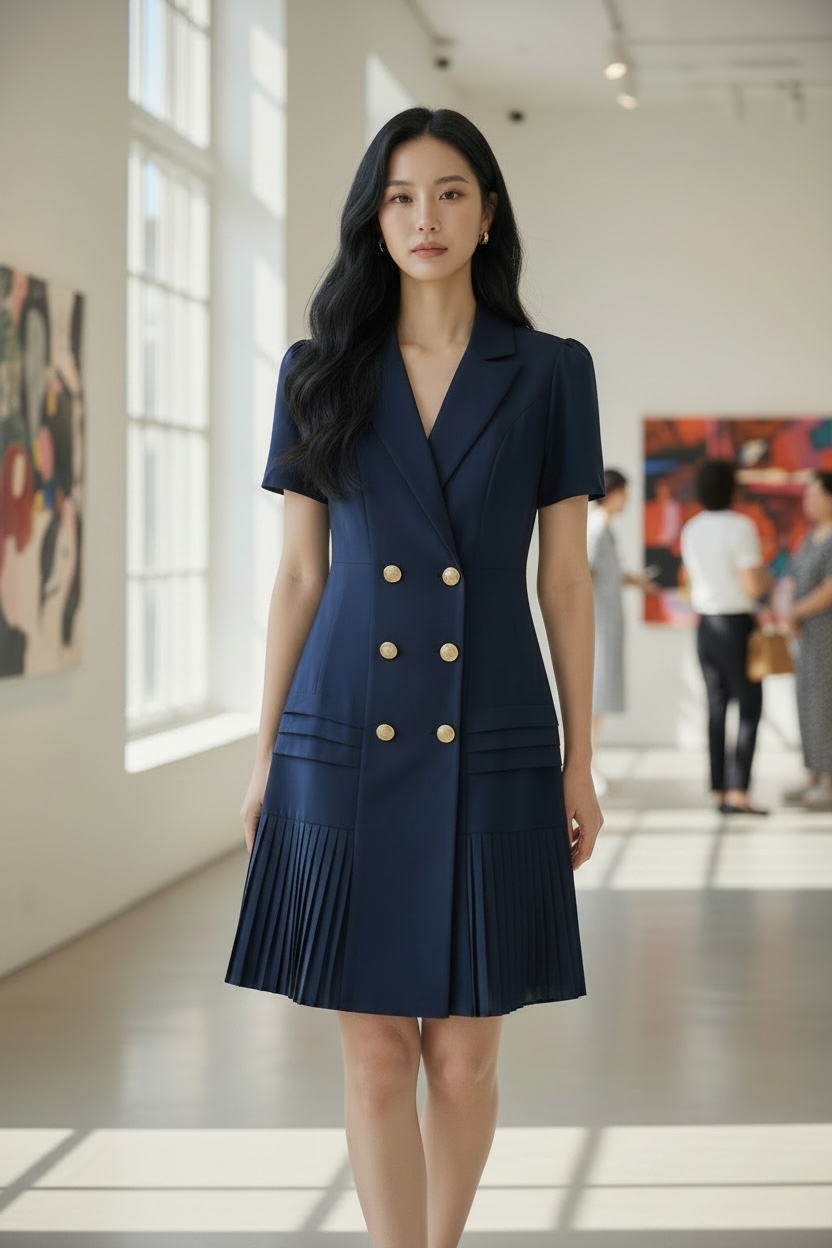 Robe Blazer Plissée bleu marine