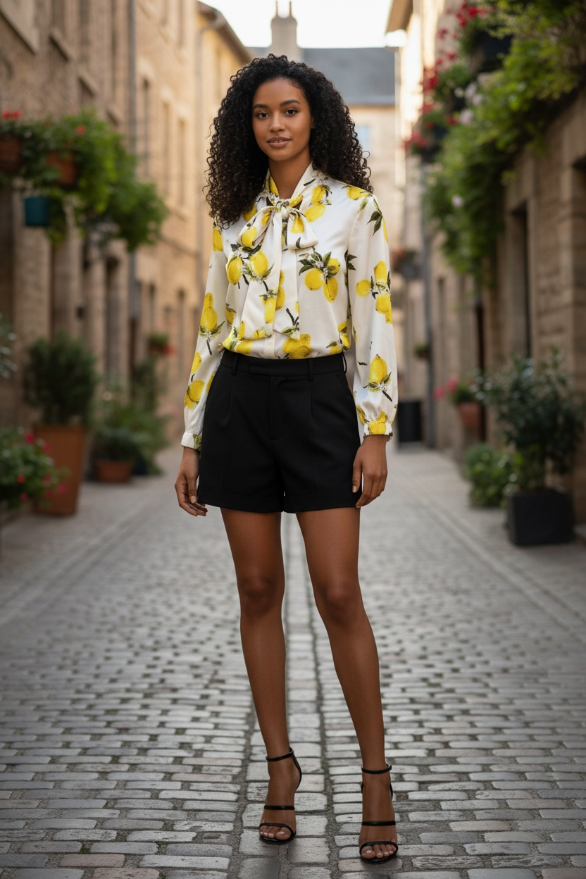 Blouse à motif citrons avec nœud lavallière