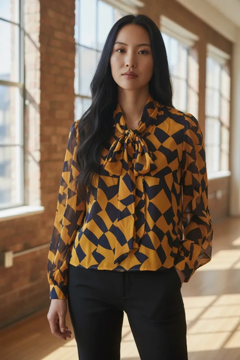 Blouse Anthiope à motif géométrique moutarde et bleu marine avec col lavallière et manches longues fluides