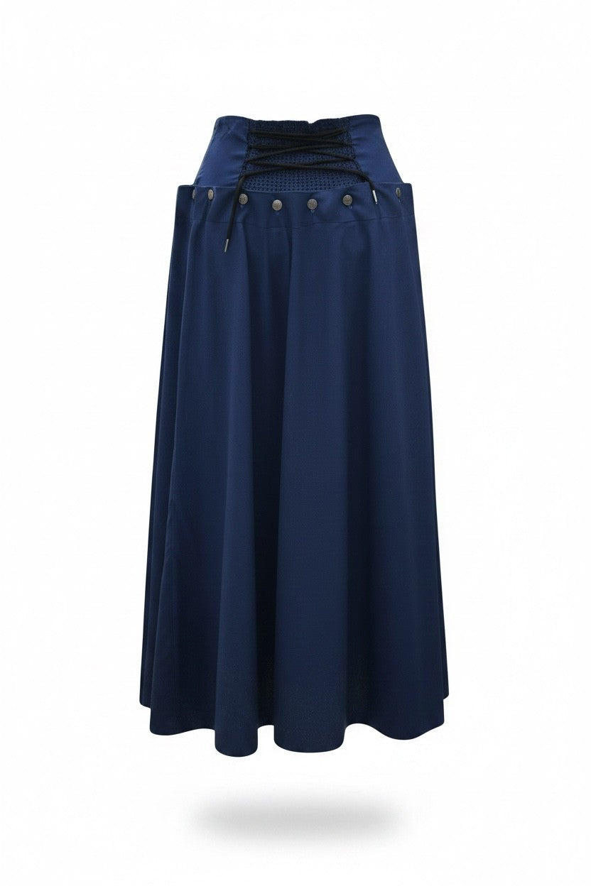 Jupe longue Anthiope bleu marine fluide à taille haute avec boutons métalliques et laçage croisé au dos