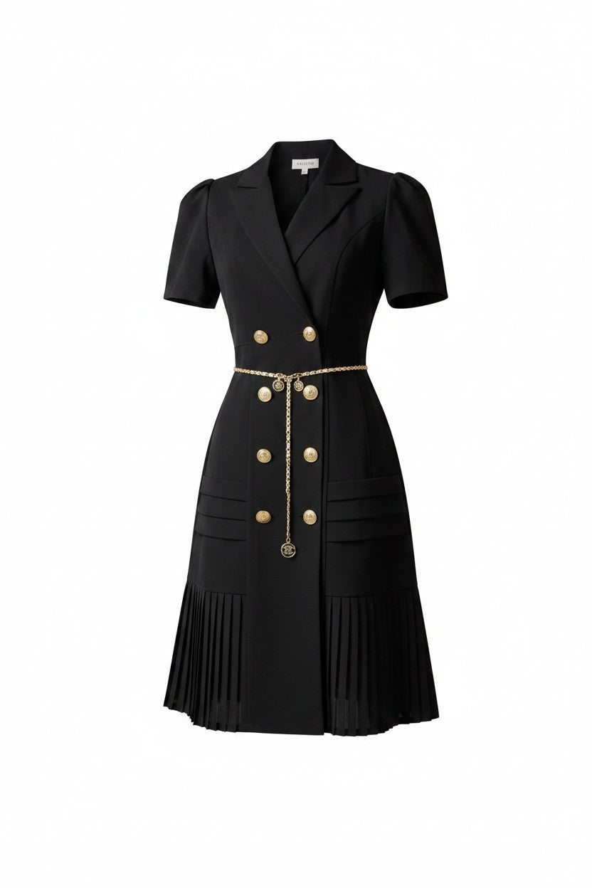 Robe blazer noire Anthiope mi-longue avec jupe plissée, boutons dorés et ceinture chaîne fine à la taille.