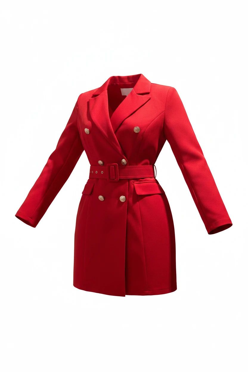 Robe blazer rouge Anthiope à double boutonnage avec boutons dorés, col tailleur et ceinture cintrée élégante.