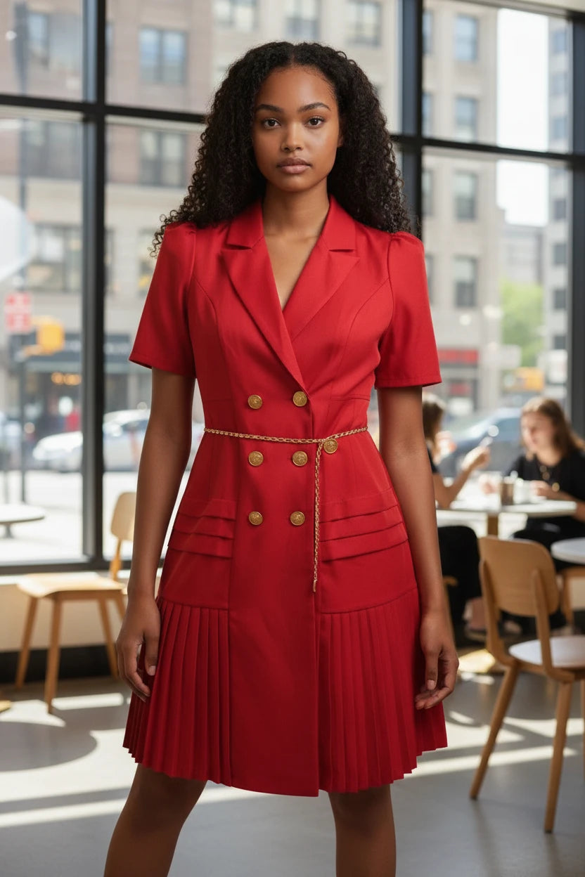 Robe blazer rouge Anthiope avec jupe plissée, double boutonnage doré et ceinture fine en chaîne, portée par une femme