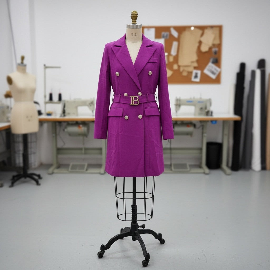 Robe blazer Anthiope violette structurée à double boutonnage doré et ceinture à boucle métallique sur mannequin