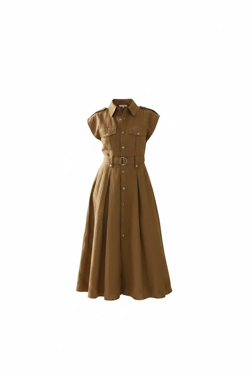 Robe chemise midi Anthiope marron en matière naturelle avec ceinture, col classique et poches poitrine boutonnées