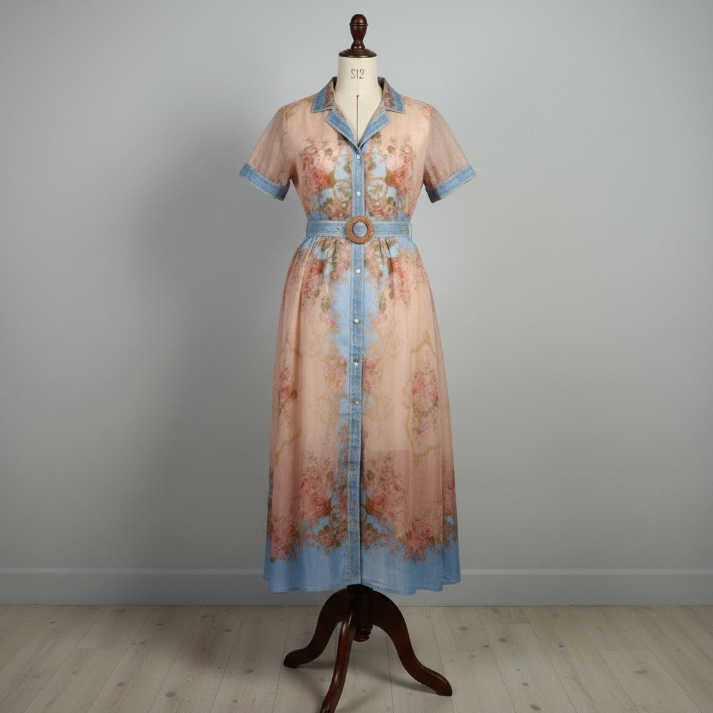 Robe longue Anthiope pêche à imprimé floral vintage avec détails en denim bleu clair et ceinture à boucle ronde