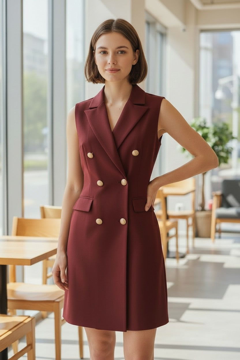 Robe blazer sans manches bordeaux Anthiope à double boutonnage portée par une femme dans un intérieur lumineux